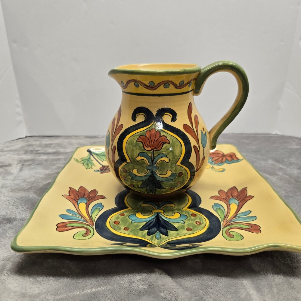 Talavera Style Ceramic Pitcher and Square Platter Set Yellow Floral Hand Painted